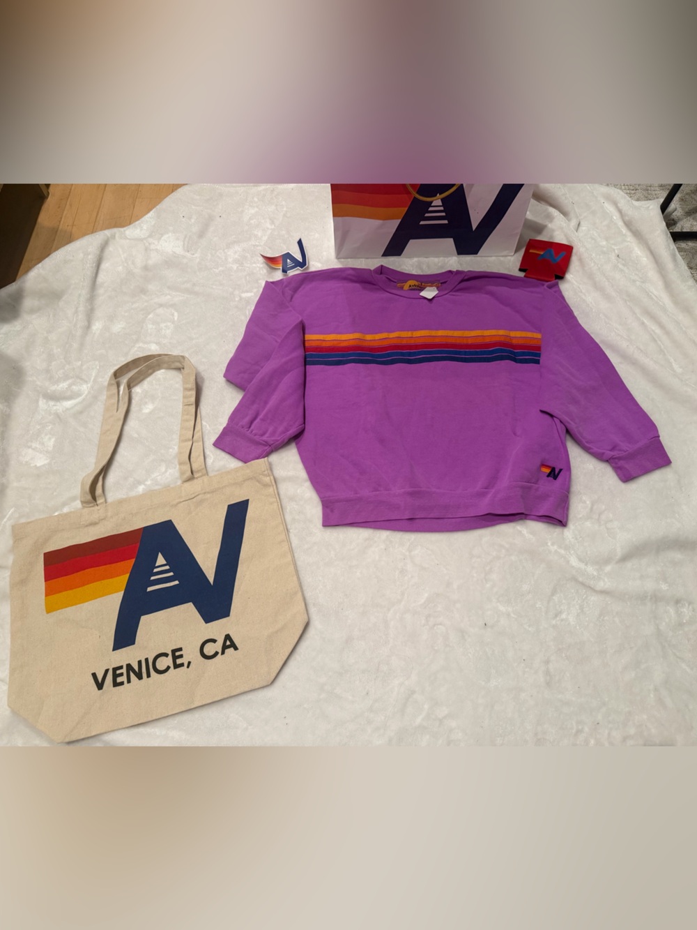 - NWT Aviator Nation Relaxed 5 Stripe Crewneck Neon Purple Small + Tote Bag